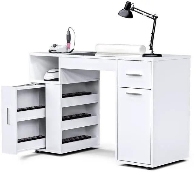 Main image of Mobile Manicure Table w/Dust Collector, Glass Top Nail Desk for Nail Tech, Nail Table Station w/Lockable Wheels, Storage, Drawer, Cabinet, Shelves & Wrist Rest, Beauty Salon Home, White