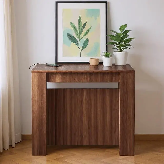 Alt view image 6 of 7 - 19.6"-118.1" Modern Extendable Dining Table with Outlet, 2 to 12 People Space Saving Expanding Table with Storage for Party, Weddings, Meetings, Celebrations (Brown)