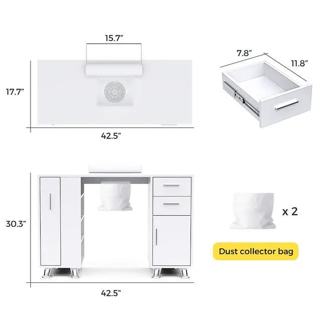 Alt view image 2 of 7 - Manicure Table Nail Desk with Dust Collector, Professional Nail Station with Storage, Drawers, Cabinets, Shelves, Wrist Rest & 4 Dust Bags, Nail Workstation for Beauty, Salon & Home, White