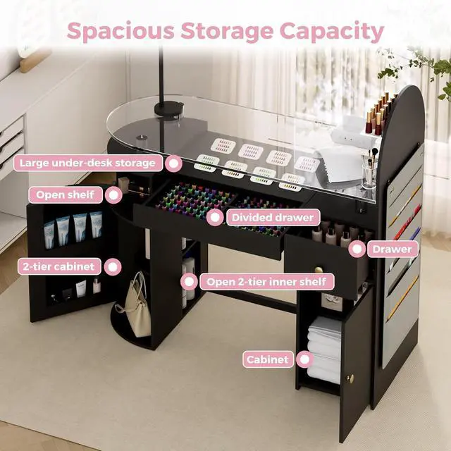 Alt view image 4 of 7 - Manicure Table Nail Station with Tempered Glass Top, Professional Nail Tech Desk with Storage Cabinet & Drawer, Acetone Resistant, for Nail Beauty Salon Workstation(Black)