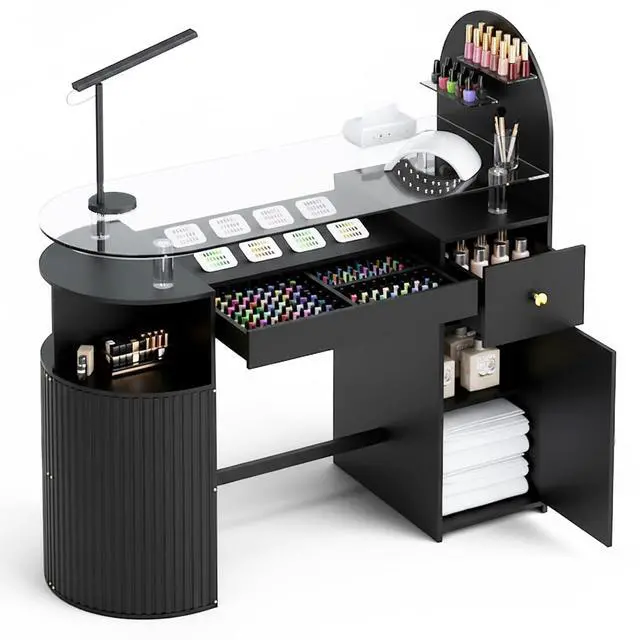 Alt view image 7 of 7 - Manicure Table Nail Station with Tempered Glass Top, Professional Nail Tech Desk with Storage Cabinet & Drawer, Acetone Resistant, for Nail Beauty Salon Workstation(Black)