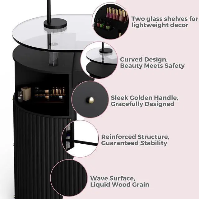Alt view image 5 of 7 - Manicure Table Nail Station with Tempered Glass Top, Professional Nail Tech Desk with Storage Cabinet & Drawer, Acetone Resistant, for Nail Beauty Salon Workstation(Black)