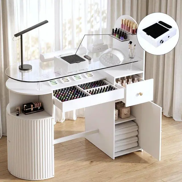 Main image of Manicure Table with Dust Collector, Professional Nail Tech Desk with Tempered Glass Top, Storage Cabinet & Drawer, Acetone Resistant, for Nail Beauty Salon Workstation(White)