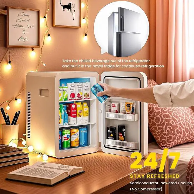 Alt view image 5 of 7 - 22L/30Cans Mini Fridge for Bedroom, Portable Cooler & Warmer | Mini Refrigerator with Glass Front, Small Cooler for Car Office Desk & Dorm Room Food Beverage Skincare Makeup Cosmetics