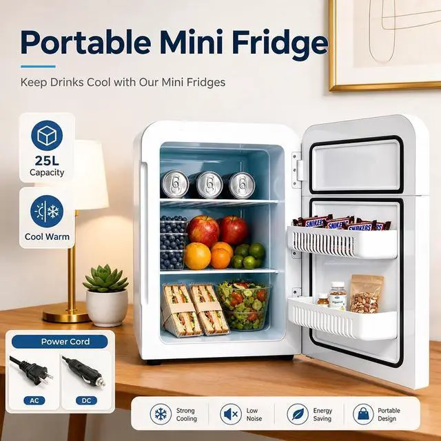 Alt view image 2 of 7 - 22L/30Cans Mini Fridge for Bedroom, Portable Cooler & Warmer | Mini Refrigerator with Glass Front, Small Cooler for Car Office Desk & Dorm Room Food Beverage Skincare Makeup Cosmetics