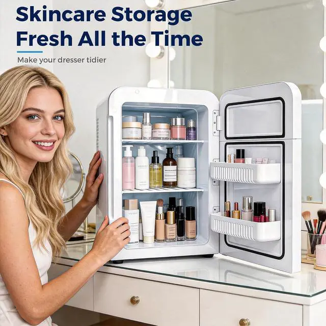 Alt view image 3 of 7 - 22L/30Cans Mini Fridge for Bedroom, Portable Cooler & Warmer | Mini Refrigerator with Glass Front, Small Cooler for Car Office Desk & Dorm Room Food Beverage Skincare Makeup Cosmetics