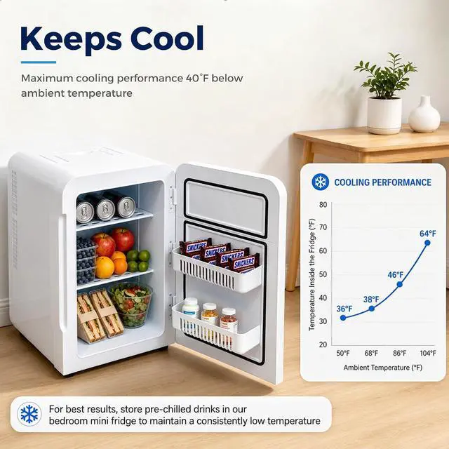 Alt view image 4 of 7 - 22L/30Cans Mini Fridge for Bedroom, Portable Cooler & Warmer | Mini Refrigerator with Glass Front, Small Cooler for Car Office Desk & Dorm Room Food Beverage Skincare Makeup Cosmetics