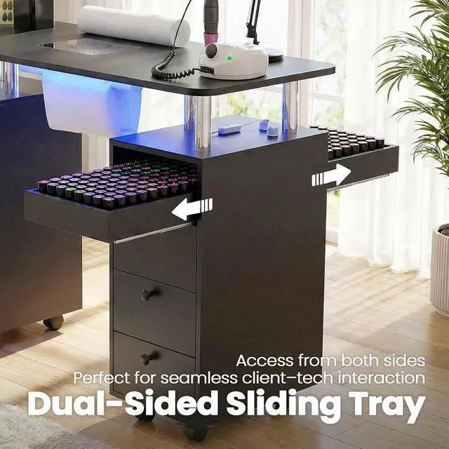 Alt view image 5 of 7 - Nail Tech Table with Dust Collector & LED Light, Rolling Manicure Desk with Storage Drawers & Cabinets, Lockable Wheels, Acetone-Resistant Beauty Workstation for Salon, Home (Black)