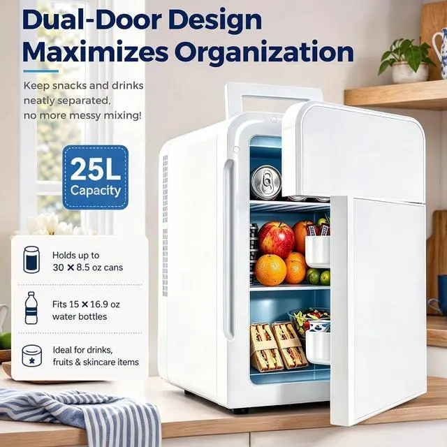 Alt view image 5 of 7 - 22L/30Cans Mini Fridge for Bedroom, Portable Cooler & Warmer | Mini Refrigerator with Glass Front, Small Cooler for Car Office Desk & Dorm Room Food Beverage Skincare Makeup Cosmetics