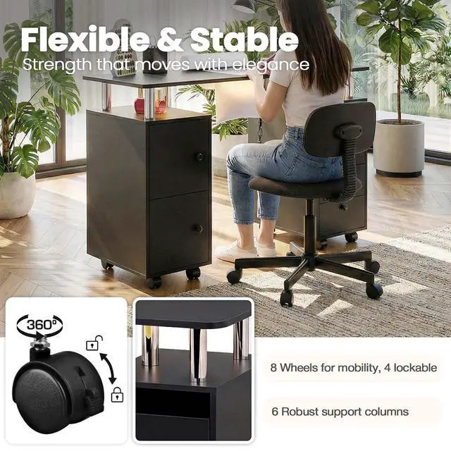 Alt view image 7 of 7 - Nail Tech Table with Dust Collector & LED Light, Rolling Manicure Desk with Storage Drawers & Cabinets, Lockable Wheels, Acetone-Resistant Beauty Workstation for Salon, Home (Black)