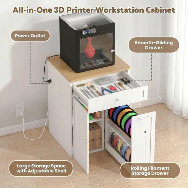 Alt view image 3 of 7 - 3D Printer Cabinet with Rolling Filament Storage Drawer | Wood Desktop, Built-in Power Outlet, Vibration-Reducing Design, Adjustable Shelf, Heavy Duty for Home Studio Office