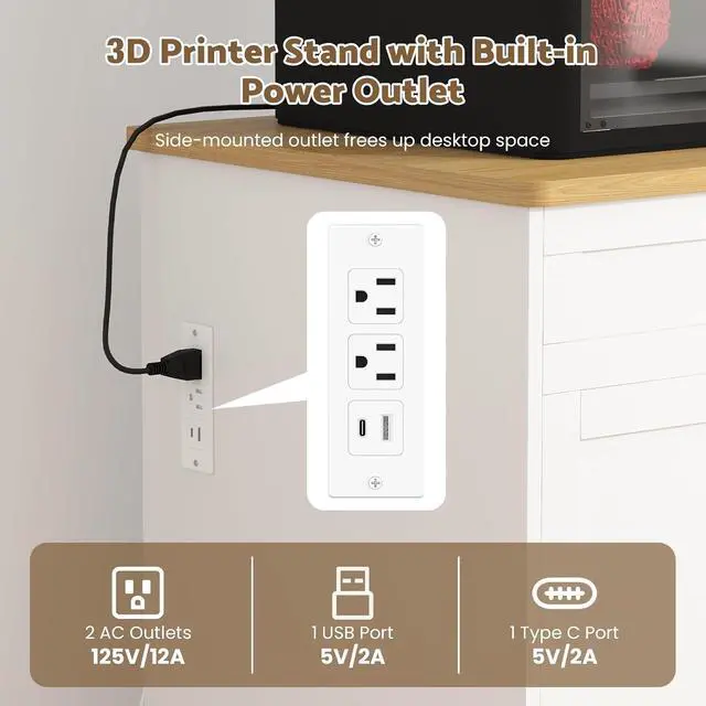 Alt view image 6 of 7 - 3D Printer Cabinet with Rolling Filament Storage Drawer | Wood Desktop, Built-in Power Outlet, Vibration-Reducing Design, Adjustable Shelf, Heavy Duty for Home Studio Office