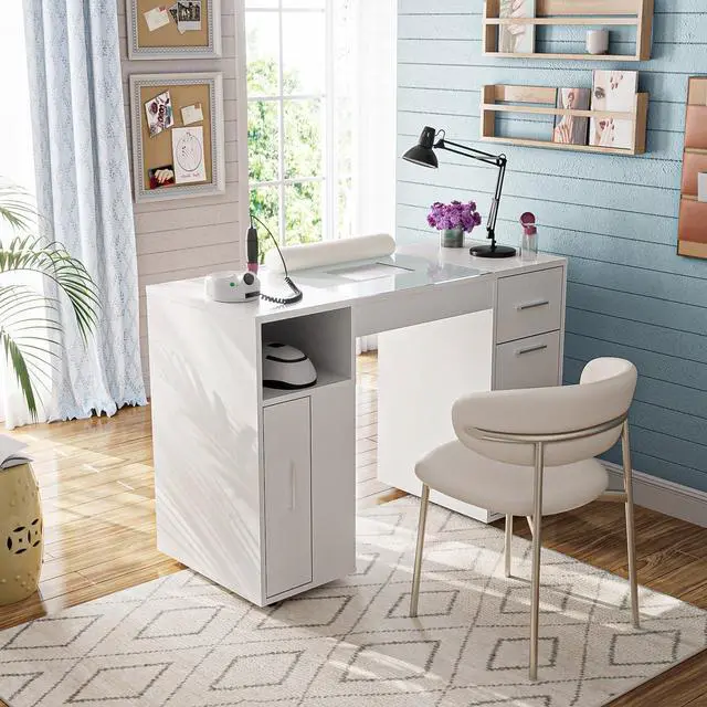Alt view image 2 of 7 - Mobile Manicure Table w/Dust Collector, Glass Top Nail Desk for Nail Tech, Nail Table Station w/Lockable Wheels, Storage, Drawer, Cabinet, Shelves & Wrist Rest, Beauty Salon Home, White