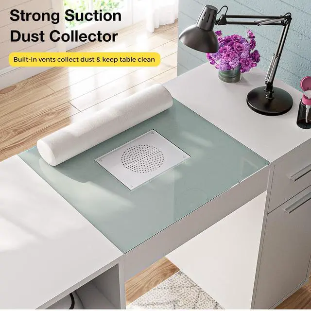 Alt view image 4 of 7 - Mobile Manicure Table w/Dust Collector, Glass Top Nail Desk for Nail Tech, Nail Table Station w/Lockable Wheels, Storage, Drawer, Cabinet, Shelves & Wrist Rest, Beauty Salon Home, White