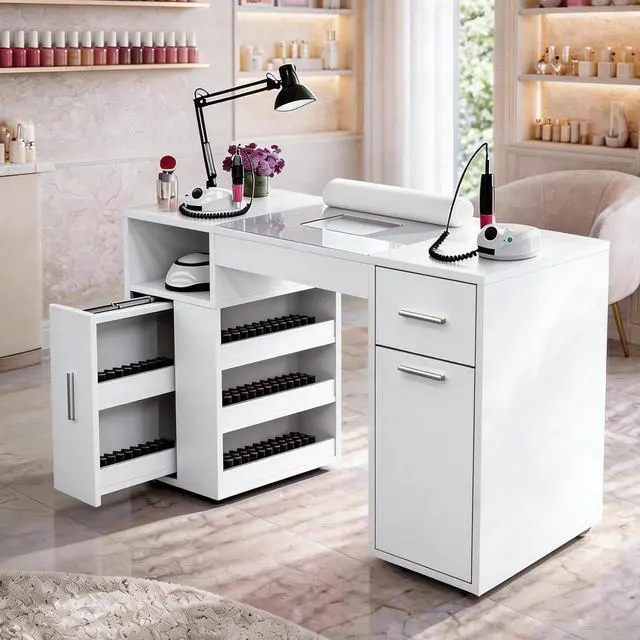 Alt view image 7 of 7 - Mobile Manicure Table w/Dust Collector, Glass Top Nail Desk for Nail Tech, Nail Table Station w/Lockable Wheels, Storage, Drawer, Cabinet, Shelves & Wrist Rest, Beauty Salon Home, White
