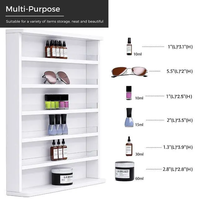Alt view image 4 of 7 - Wall Mount Nail Polish Organizer, Wooden 6-Tier Polish Shelf & Display Rack w/Acrylic Baffle - Holds 140+ Bottles of Nail Polish, Essential Oils & Perfume for Home, Spa & Nail Studio, White
