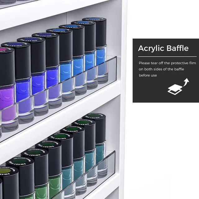 Alt view image 5 of 7 - Wall Mount Nail Polish Organizer, Wooden 6-Tier Polish Shelf & Display Rack w/Acrylic Baffle - Holds 140+ Bottles of Nail Polish, Essential Oils & Perfume for Home, Spa & Nail Studio, White