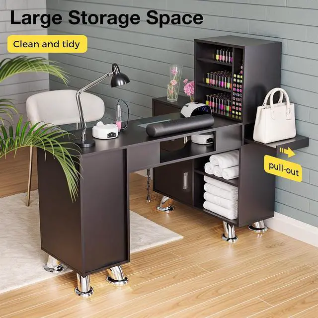 Alt view image 3 of 7 - Manicure Table Nail Station w/Dust Collector - L-Shaped Nail Tech Table with Shelves, Storage Cabinets, Drawers, Metal Handles & Legs, Salon Wrist Rest, Beauty Salon Workstation Decor (Black)
