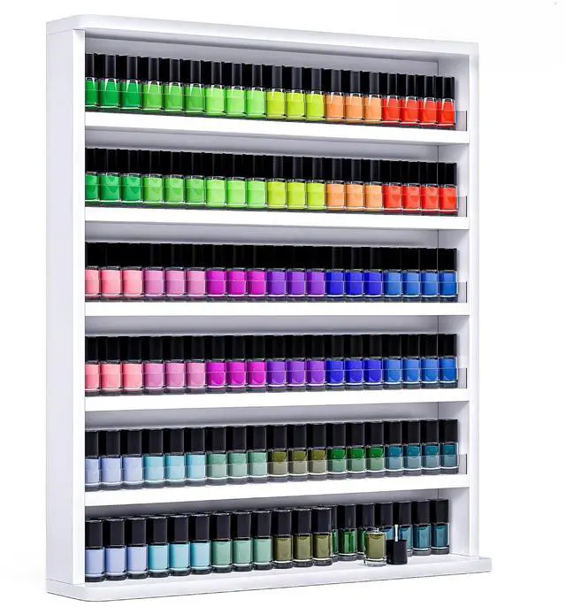 Main image of Wall Mount Nail Polish Organizer, Wooden 6-Tier Polish Shelf & Display Rack w/ Acrylic Baffle - Holds 140+ Bottles of Nail Polish, Essential Oils & Perfume for Home, Spa & Nail Studio (White, 6 Packs)