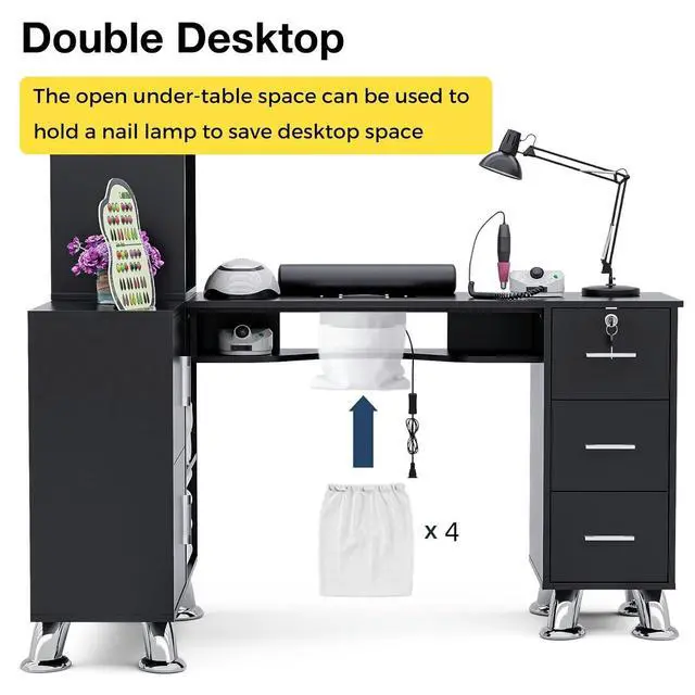 Alt view image 4 of 7 - Manicure Table Nail Station w/Dust Collector - L-Shaped Nail Tech Table with Shelves, Storage Cabinets, Drawers, Metal Handles & Legs, Salon Wrist Rest, Beauty Salon Workstation Decor (Black)