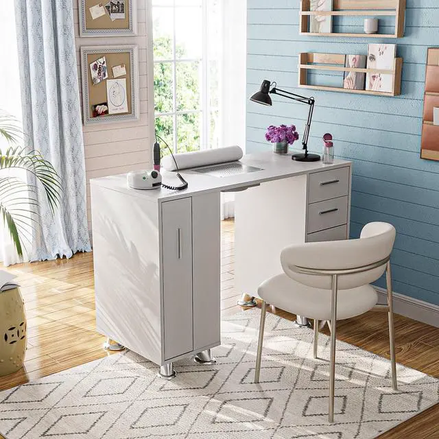 Alt view image 7 of 7 - Manicure Table Nail Desk with Dust Collector, Professional Nail Station with Storage, Drawers, Cabinets, Shelves, Wrist Rest & 4 Dust Bags, Nail Workstation for Beauty, Salon & Home, White