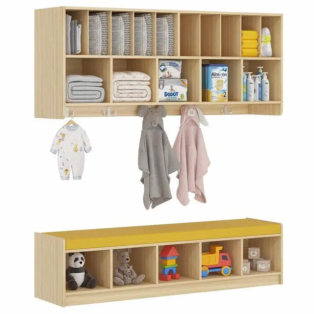 Main image of Wall Diaper Organizer for Daycares with Cubby Bench, Wooden Diaper Shelf with 5 Cubbies and 10 Small Storage, Daycare Cubbies for Nursery, Home, School