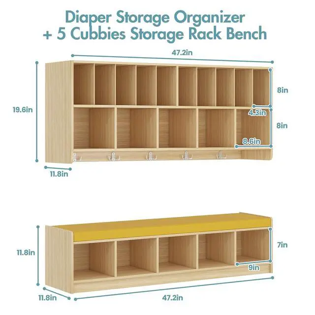 Alt view image 3 of 7 - Wall Diaper Organizer for Daycares with Cubby Bench, Wooden Diaper Shelf with 5 Cubbies and 10 Small Storage, Daycare Cubbies for Nursery, Home, School