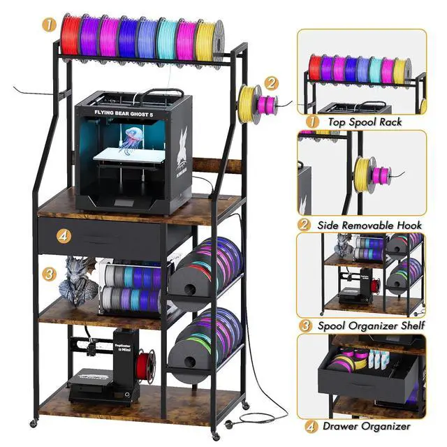 Alt view image 3 of 7 - 3D Printer Stand with Filament Storage, 3D Printer Rack with Drawer and Outlet, Heavy Duty Metal Frame 3D Printer Table with Locking Wheel for Home Office Studio Garage