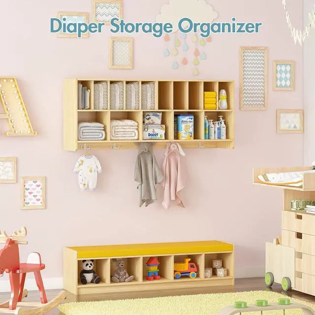 Alt view image 2 of 7 - Wall Diaper Organizer for Daycares with Cubby Bench, Wooden Diaper Shelf with 5 Cubbies and 10 Small Storage, Daycare Cubbies for Nursery, Home, School