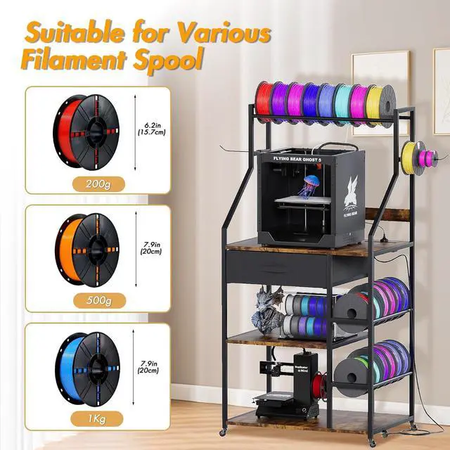 Alt view image 6 of 7 - 3D Printer Stand with Filament Storage, 3D Printer Rack with Drawer and Outlet, Heavy Duty Metal Frame 3D Printer Table with Locking Wheel for Home Office Studio Garage