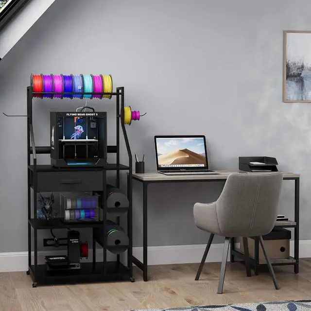 Alt view image 3 of 7 - 4-Tier 3D Printer Stand with Filament Storage, 3D Printer Rack with Drawer and Outlet, Heavy Duty Metal Frame 3D Printer Table with Locking Wheel for Home Office Studio Garage (Black)
