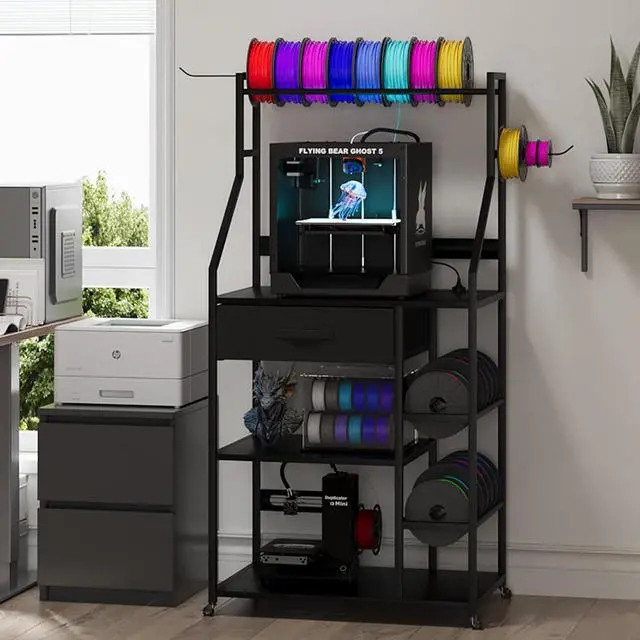 Main image of 4-Tier 3D Printer Stand with Filament Storage, 3D Printer Rack with Drawer and Outlet, Heavy Duty Metal Frame 3D Printer Table with Locking Wheel for Home Office Studio Garage (Black)