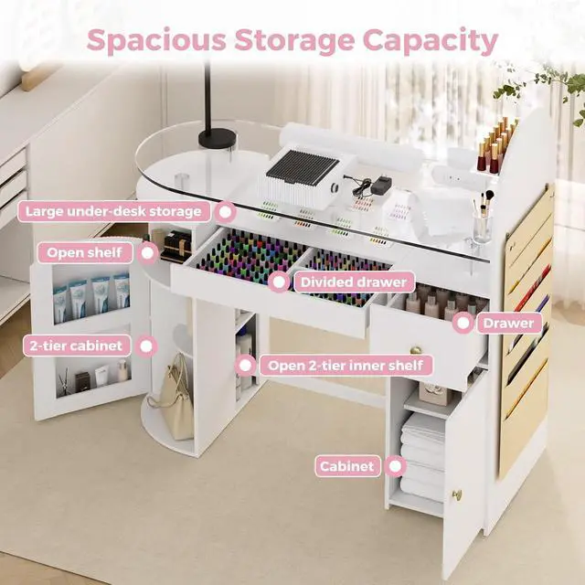 Alt view image 3 of 7 - Manicure Table with Dust Collector, Professional Nail Tech Desk with Tempered Glass Top, Storage Cabinet & Drawer, Acetone Resistant, for Nail Beauty Salon Workstation(White)