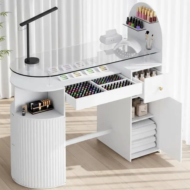 Main image of Manicure Table Nail Station with Tempered Glass Top, Professional Nail Tech Desk with Storage Cabinet & Drawer, Acetone Resistant, for Nail Beauty Salon Workstation(White)