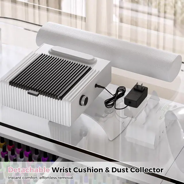 Alt view image 6 of 7 - Manicure Table with Dust Collector, Professional Nail Tech Desk with Tempered Glass Top, Storage Cabinet & Drawer, Acetone Resistant, for Nail Beauty Salon Workstation(White)