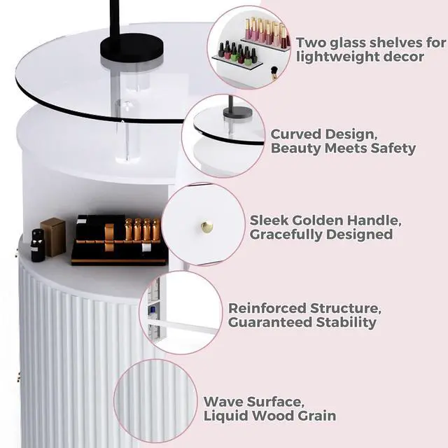 Alt view image 5 of 7 - Manicure Table Nail Station with Tempered Glass Top, Professional Nail Tech Desk with Storage Cabinet & Drawer, Acetone Resistant, for Nail Beauty Salon Workstation(White)