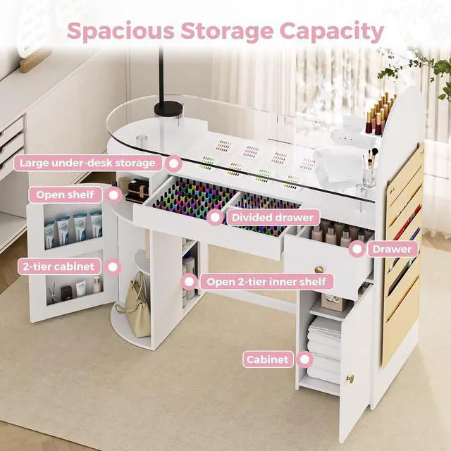 Alt view image 4 of 7 - Manicure Table Nail Station with Tempered Glass Top, Professional Nail Tech Desk with Storage Cabinet & Drawer, Acetone Resistant, for Nail Beauty Salon Workstation(White)