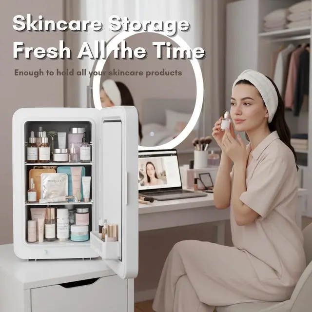 Alt view image 3 of 7 - 22L/30Cans Mini Fridge for Bedroom, Portable Cooler & Warmer | Mini Refrigerator with Glass Front, Small Cooler for Car Office Desk & Dorm Room Food Beverage Skincare Makeup Cosmetics