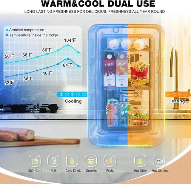 Alt view image 4 of 7 - 22L/30Cans Mini Fridge for Bedroom, Portable Cooler & Warmer | Mini Refrigerator with Glass Front, Small Cooler for Car Office Desk & Dorm Room Food Beverage Skincare Makeup Cosmetics