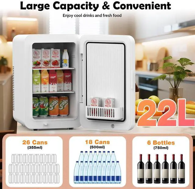 Alt view image 2 of 7 - 22L/30Cans Mini Fridge for Bedroom, Portable Cooler & Warmer | Mini Refrigerator with Glass Front, Small Cooler for Car Office Desk & Dorm Room Food Beverage Skincare Makeup Cosmetics