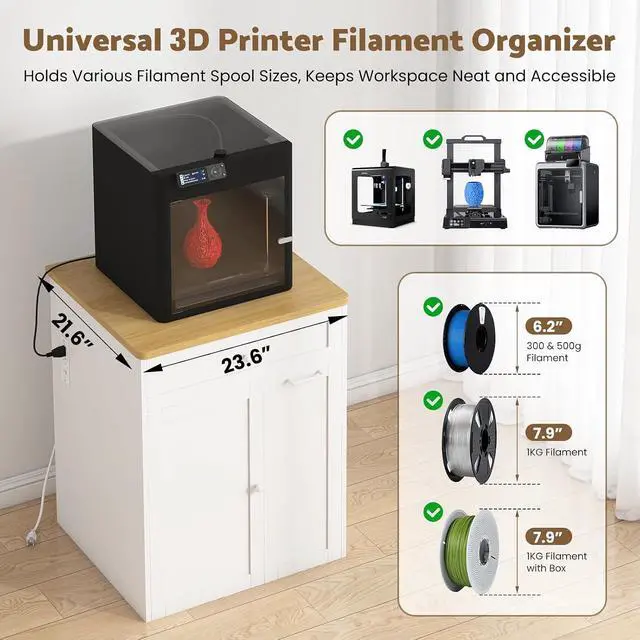 Alt view image 7 of 7 - 3D Printer Cabinet with Rolling Filament Storage Drawer | Wood Desktop, Built-in Power Outlet, Vibration-Reducing Design, Adjustable Shelf, Heavy Duty for Home Studio Office