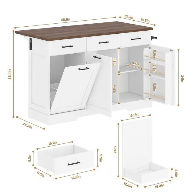 Alt view image 2 of 7 - 55" Drop Leaf Kitchen Island Table with Power Outlet, Large Stationary Breakfast Bar with Storage Drawers, Trash Cabinet, Adjustable Shelves, Towel Rod & Spice Rack (White & Walnut)