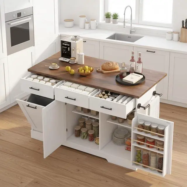 Alt view image 3 of 7 - 55" Drop Leaf Kitchen Island Table with Power Outlet, Large Stationary Breakfast Bar with Storage Drawers, Trash Cabinet, Adjustable Shelves, Towel Rod & Spice Rack (White & Walnut)