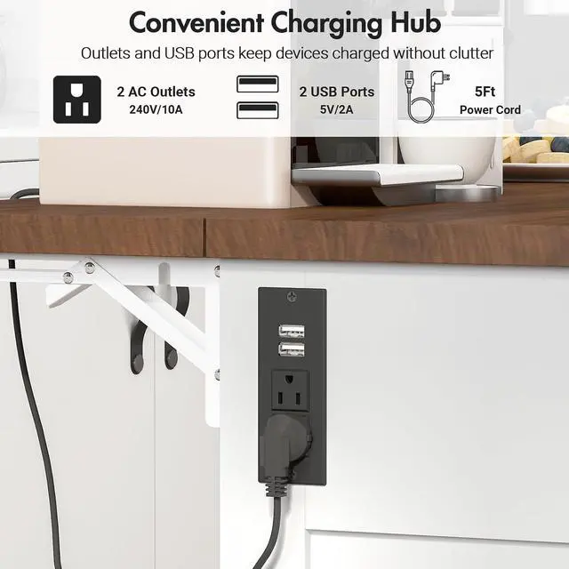 Alt view image 5 of 7 - 55" Drop Leaf Kitchen Island Table with Power Outlet, Large Stationary Breakfast Bar with Storage Drawers, Trash Cabinet, Adjustable Shelves, Towel Rod & Spice Rack (White & Walnut)