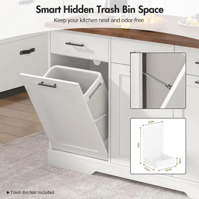 Alt view image 6 of 7 - 55" Drop Leaf Kitchen Island Table with Power Outlet, Large Stationary Breakfast Bar with Storage Drawers, Trash Cabinet, Adjustable Shelves, Towel Rod & Spice Rack (White & Walnut)