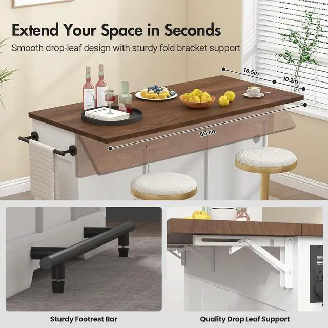 Alt view image 4 of 7 - 55" Drop Leaf Kitchen Island Table with Power Outlet, Large Stationary Breakfast Bar with Storage Drawers, Trash Cabinet, Adjustable Shelves, Towel Rod & Spice Rack (White & Walnut)