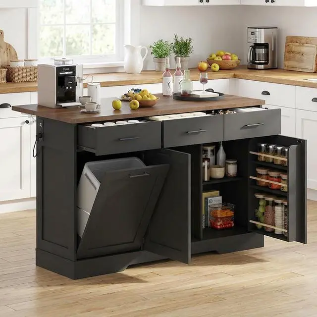 Main image of 55" Drop Leaf Kitchen Island Table with Power Outlet, Large Stationary Breakfast Bar with Storage Drawers, Trash Cabinet, Adjustable Shelves, Towel Rod & Spice Rack (Black & Walnut)