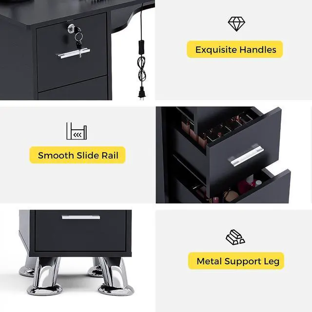 Alt view image 7 of 7 - Manicure Table Nail Station w/Dust Collector - L-Shaped Nail Tech Table with Shelves, Storage Cabinets, Drawers, Metal Handles & Legs, Salon Wrist Rest, Beauty Salon Workstation Decor (Black)