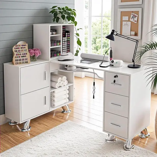 Main image of Manicure Table Nail Station w/Dust Collector - L-Shaped Nail Tech Table with Shelves, Storage Cabinets, Drawers, Metal Handles & Legs, Salon Wrist Rest, Beauty Salon Workstation Decor (White)