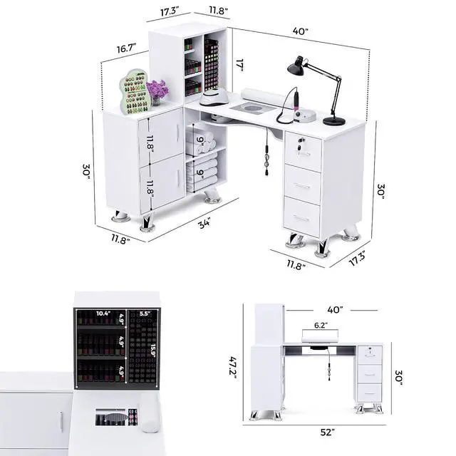 Alt view image 2 of 7 - Manicure Table Nail Station w/Dust Collector - L-Shaped Nail Tech Table with Shelves, Storage Cabinets, Drawers, Metal Handles & Legs, Salon Wrist Rest, Beauty Salon Workstation Decor (White)